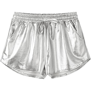 Silver Metallic Shorts Women Elastic Smocked Waist <b>Drawstring</b> Mirror Shiny Smooth Rave Dance Festival - Product Image 5