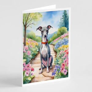 Tarjetas de felicitación caprichosas de Galgo Italiano, paquete de 8 tarjetas de nota en blanco de tamaño A7 5x7 con sobres, diseño de camino de primavera - Product Image 1