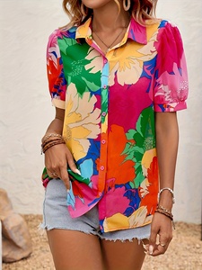 Blusa Casual de Verano 2026 para Mujer, con Estampado Floral Tropical, Manga Abullonada y Botones, Venta al Por Mayor - Product Image 4