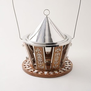 Plat à réchaud moderne en acier inoxydable avec incrustation en bois et couvercle conique suspendu, pot rond pour buffet, chauffe-plats pour hôtels et restaurants - Product Image 4