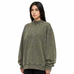 Sudadera Oversize de Felpa/Algodón con Lavado Ácido, Cuello Alto Simulado, Hombros Caídos, Color Negro, Premium, Estilo Urbano de Invierno, Más Vendida - Product Image 4