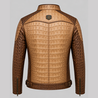 Veste en cuir marron pour homme, style motard, effet crocodile, col rabattu avec badge, fermeture éclair au dos