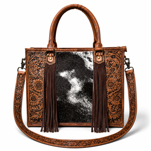 Hand Tooled Genuine Leather Hair On Cowhide Bag for Women Western Floral Hand bag Fringe Shoulder <b>Purse</b> with Adjustable Strap - Product Image 1