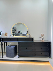 Modern <b>Black</b> Wood Makeup <b>Vanity</b> <b>Table</b> with Round Mirror and Storage Drawers for Bedroom Furniture - Product Image 1