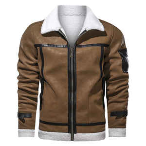 <b>Men</b> <b>Brown</b> PU <b>Leather</b> Bomber <b>Jacket</b> Sherpa Lined Zipper Closure Winter Moto Biker Style Thick Warm Outerwear - Product Image 1