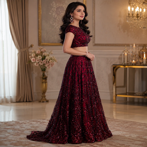 Luxury Maroon Embroidered <b>Sequin</b> Lehenga Choli Designer Women Wedding Party Wear Traditional Indian Ethnic Bridal Festive Outfit - Product Image 2