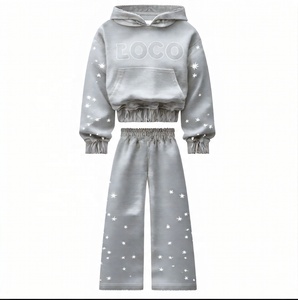 Conjunto de 2 piezas de chándal para mujer con logotipo personalizado, sudadera corta con estrella de pedrería y pantalones de chándal de pierna ancha, lavado ácido, peso pesado, estilo vintage - Product Image 6