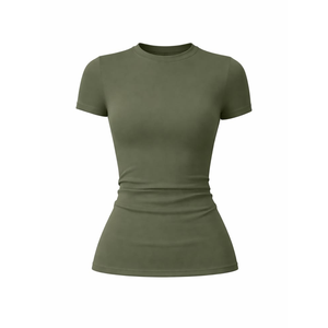 Solid Color Crew Neck Short Sleeve T-Shirt <b>Seamless</b> Spandex Cotton Women's Activewear Top Mid Waist Fit - Product Image 5