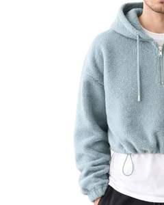 Sweat à capuche court en polaire texturée bleu poussière, quart de zip, ourlet ajustable avec cordon de serrage, streetwear décontracté, pull chaud, logo personnalisé - Product Image 4