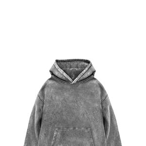 Vente en gros de sweats à capuche streetwear pour hommes, gris, style universitaire, effet délavé soleil et usé, à épaules tombantes, OEM/ODM - Product Image 4