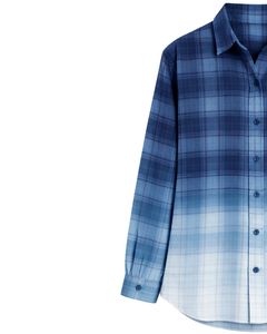 Chemise en flanelle à carreaux bleu dégradé personnalisée pour femme, manches longues, boutonnée, décontractée, en mélange de coton, pour l'automne et l'hiver - Product Image 3