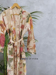 ชุดคลุมยาวถึงเข่าแขนยาวพิมพ์ลายดอกไม้ผ้าฝ้ายลายวาฟเฟิลคลาสสิกสำหรับผู้หญิง - Product Image 3