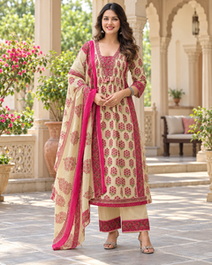<b>Women</b> Beige Pink Printed Three Piece <b>Kurta</b> Pant Dupatta Set Traditional Indian Ethnic Wear Wholesale Manufacturer - Product Image 1