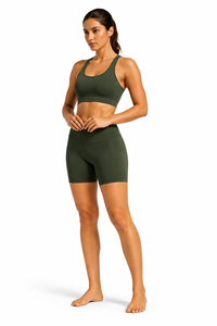 Olive <b>Green</b> Plus Size Solid 2 Piece Yoga Set Crew Neck Racerback <b>Crop</b> <b>Top</b> High Waist Biker Shorts Seamless Eco-Friendly - Product Image 4