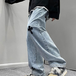 Pantalones Cargo de Mezclilla Azul Claro para Hombre, Corte Holgado, Bolsillos, Estilo Urbano, Hip Hop, Casual, Lavado Desgastado - Product Image 3