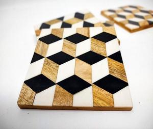 Dessous de verre rond 4x4 pouces, artisanat moderne, design à carreaux en os et corne de haute qualité, style classique, incrustation d'os - Product Image 3