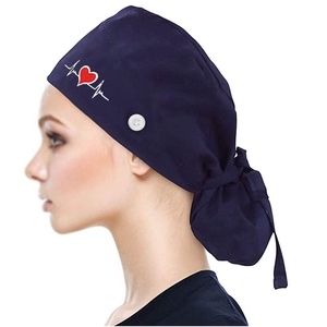 Blue Unisex Surgical Cap Heartbeat Embroidery <b>Button</b> Back Hospital Uniform Accessory Spandex/Polyester Woven WARPRO INDUSTRY - Product Image 1