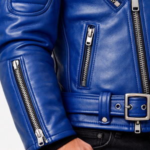 Chaqueta de Motociclista de Cuero Genuino Azul para Hombre, Transpirable, para Invierno, con Cierre de Cremallera y Cinturón en la Cintura, Estilo Motero - Product Image 5