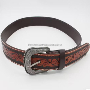 Custom Designer Embossed Black Western Hand <b>Tooling</b> <b>Belts</b> Floral Buckle Genuine Leather Fashion <b>Belt</b> for Jeans <b>Belts</b> - Product Image 2