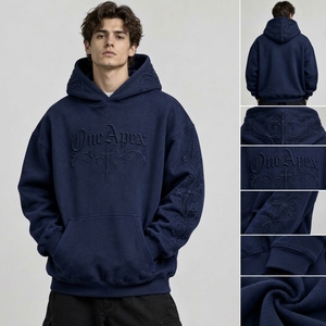 <b>Men's</b> <b>Navy</b> Blue Embroidered Hoodie Premium Cotton <b>Fleece</b> Pullover Streetwear Sweatshirt Custom Logo Wholesale Fashion - Product Image 2