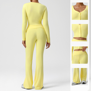 Conjunto de Yoga y Pilates para Mujer con Logotipo Personalizado OEM, Top Corto con Cuello en V, Leggings Ajustados con Cintura Plegable, 2 Piezas, Traje de Gimnasio, Ropa Deportiva - Product Image 2