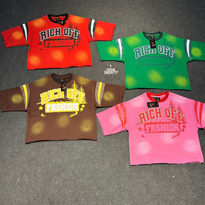 เสื้อยืดครอปแขนสั้นผู้ชายทรงโอเวอร์ไซส์ สไตล์สตรีทแวร์ แต่งขอบตัดกัน ผ้าแคนวาส ระบายอากาศได้ดี คอทรงโอ - Product Image 1