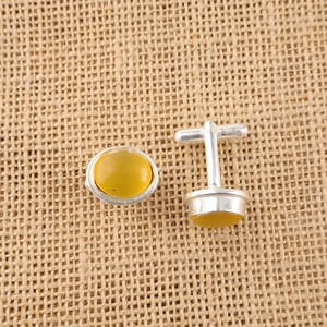 Niharika Gems Designer Handmade Stylish Yellow Cat's Eye Gemstone Work Cuff Links Set In 925 Sterling <b>Silver</b> Material Jewellery - Product Image 2