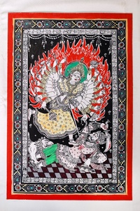 Peinture artisanale Pattachitra de la déesse Durga, art mural traditionnel indien en papier rectangulaire, décoration intérieure - Product Image 1