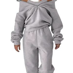 High Quality 2-Piece Women's Fleece Sweatpants Hoodie Custom Logo Solid Pattern Tracksuits Sweatsuit Sets for Winter - Product Image 1