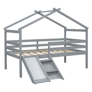 <b>Twin</b> Low Loft House <b>Bed</b> for Kids Grey with Slide Ladder Safety Guardrails House Roof <b>Frame</b> - Product Image 5