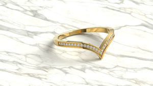 Bague en or 18 carats minimaliste en chevron avec diamant rond pour femme, bague de mariage assortie en forme de V, bague empilable incurvée pavée - Product Image 3