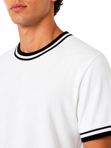 Camiseta de punto para hombre con ribete en contraste, cuello redondo, manga corta, estilo casual, corte ajustado, ligera, transpirable, mezcla de algodón, elegante, para verano - Product Image 4