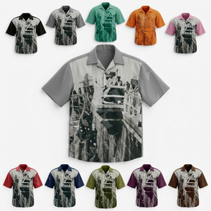 เสื้อเชิ้ตเดรสพิมพ์ลายสีแดงแขนสั้นติดกระดุมสำหรับผู้ชาย สไตล์วินเทจ ลายกราฟิก ลำลอง ใส่ได้ในฤดูร้อน สไตล์ฮาวาย เสื้อเชิ้ตเดรสแนวสตรีท - Product Image 1