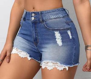 Shorts en jean taille haute pour femme avec bordure en dentelle, effet déchiré, coupe classique, tenue décontractée d'été, couleur unie - Product Image 4