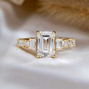 Lab Grown 2.00Ct Emerald Cut Diamond Cluster <b>Ring</b> For Women's 14K Solid Gold Fine Anniversary Surprise Gift For Girlfriends - Product Image 1