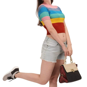 Women's <b>Rainbow</b> Stripe Knitted Breathable Polyester/Cotton Crop <b>Top</b> Short Sleeve O-Neck Casual Winter Regular Fit Color Blocked - Product Image 2