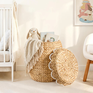 Scalloped Water Hyacinth <b>Storage</b> Tote Basket with Lid Handmade Natural Eco Friendly Home Decor Organizer Hot Sale - Product Image 2
