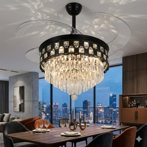 <b>LED</b> Remote Hanging <b>Light</b> for Elegant Living Room Invisible Retractable Blade <b>Ceiling</b> Fan Luxury Black <b>Crystal</b> Chandelier - Product Image 4