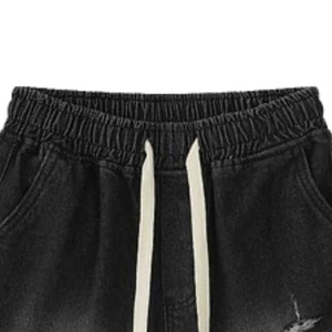 Shorts Bermuda Homme en Toile de Coton Noire, Taille Mi-Haute avec Cordon de Serrage, Design Déchiré Décontracté, Tissu Respirant - Product Image 5