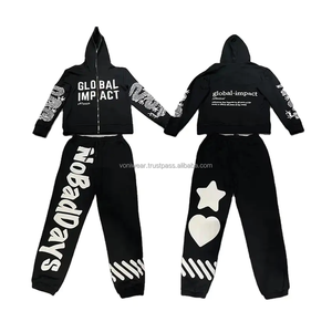 Sweat-shirt à capuche zippé patchwork pour hommes, joggers évasés, ensemble de pantalons empilés, survêtements d'hiver deux pièces de grande taille - Product Image 1