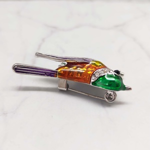 Bird Branch Brooch with Vibrant <b>Hand</b>-Painted Enamel in Emerald and Sunset Tones Elegantly Perched on Silver - Product Image 4