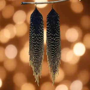 VINTAGE Long Beaded Feather <b>Earrings</b>, Handmade Boho <b>Dangle</b>, <b>Black</b> Gold Ombre Fringe Tassel, Native Indigenous FOR WEDDING - Product Image 2
