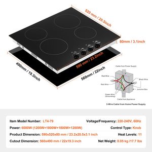 Placa de Cocción Eléctrica de 24 Pulgadas y 4 Quemadores, 6000W, Integrada, con Superficie de Cerámica, Perillas de Vidrio, Placas de Cocción por Inducción - Product Image 3