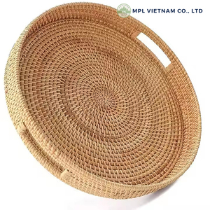 Plateau de service en rotin fait à la main naturel décoratif tissé Vintage écologique multifonction poignées cuisine salon nourriture - Product Image 3