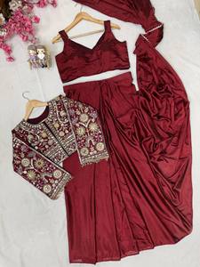 Ensemble de sari en soie marron pour femmes avec veste brodée, tenue de fête traditionnelle - Product Image 4