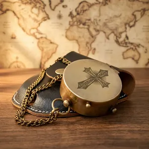 <b>Antique</b> Style Brass Pocket <b>Compass</b> Round Mechanical Analog Single Face with Leather Case - Product Image 1