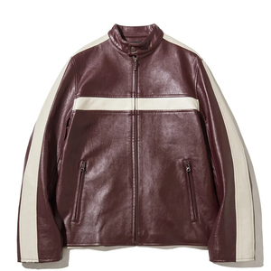 Men's <b>Burgundy</b> PU <b>Leather</b> Moto <b>Jacket</b> Color Blocking Stand Collar Zipper Closure Autumn Wear - Product Image 1