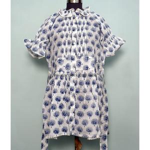 Vestido corto estilo mini para mujer, 100% algodón, informal, con mangas acampanadas, cuello redondo, estampado floral, ecológico, cintura natural - Product Image 2