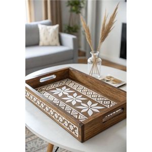 Handmade Wooden Serving Tray with Inlay Design Decorative <b>Rectangle</b> <b>Coffee</b> <b>Table</b> Tray Boho Style Wood Platter for Home Decor - Product Image 1