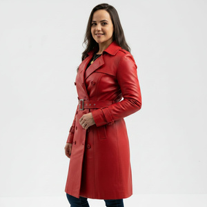 <b>Red</b> Women Genuine Leather Long <b>coat</b> Belted <b>Waist</b> turn Down Collar warm Breathable Sample & Customization Service Available - Product Image 3